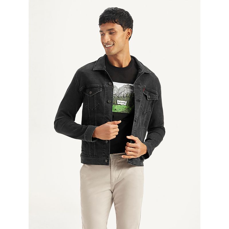 Levi's Mens Solid Black Spread Collar Denim Jacket (2XL)