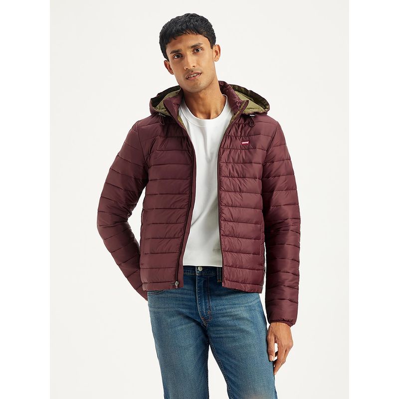 Levi's Mens Solid Maroon Hooded Puffer Jacket (L)