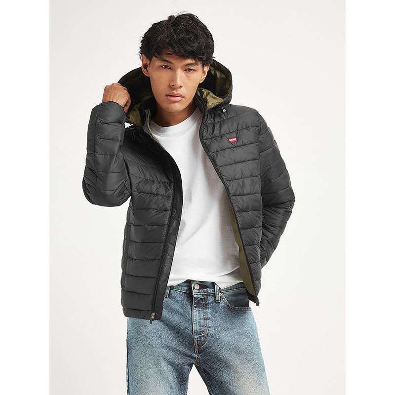 Levi's Mens Solid Black Hooded Puffer Jacket (XL)