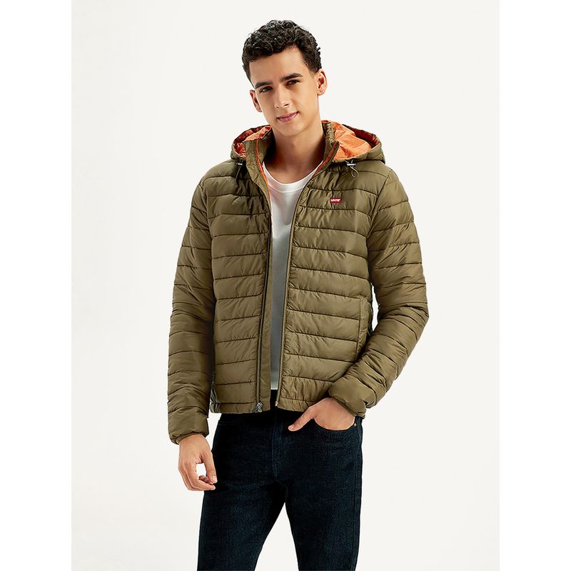 Levi's Mens Solid Olive Hooded Puffer Jacket (2XL)