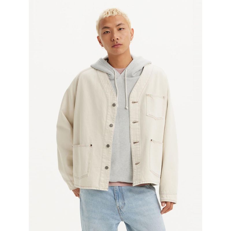 Levi's Mens Solid Cream V Neck Denim Jacket (M)