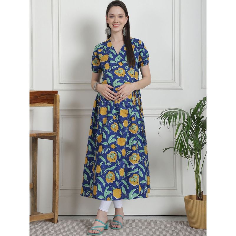 Secret Wish Floral Print Dark Blue Cotton Maternity Kurta (M)