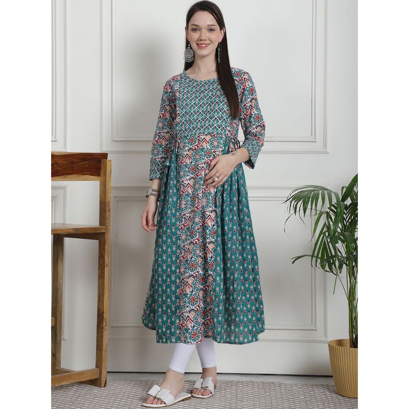 Secret Wish Floral Print Teal Cotton Maternity Kurta (2XL)