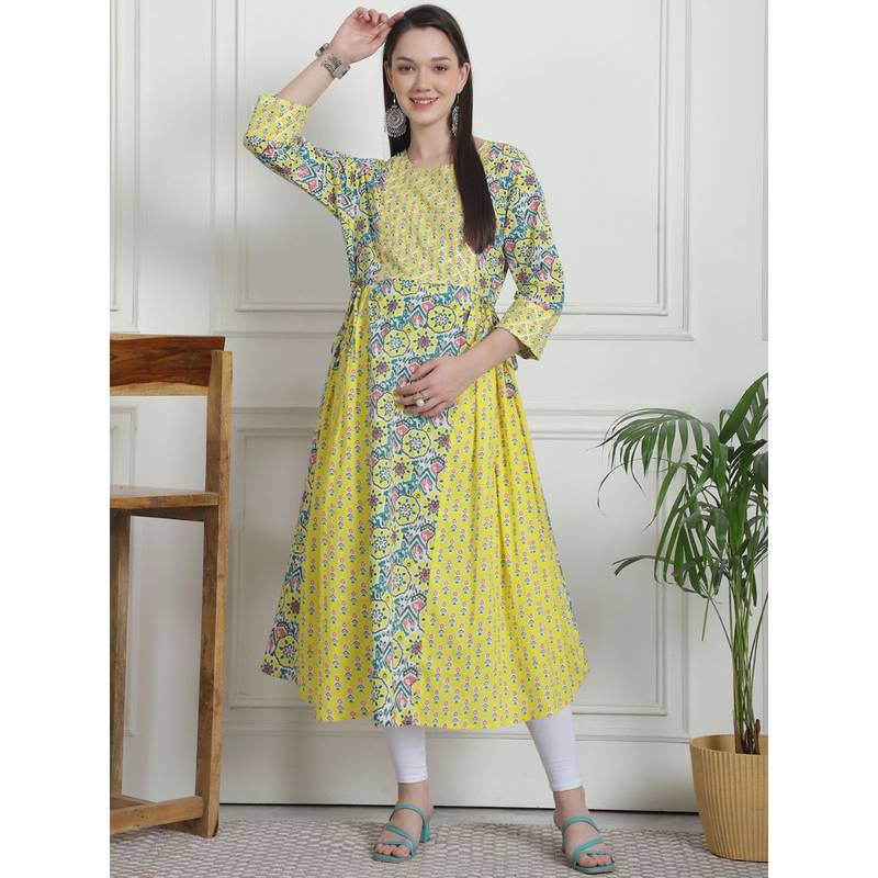 Secret Wish Floral Print Yellow Cotton Maternity Kurta (3XL)