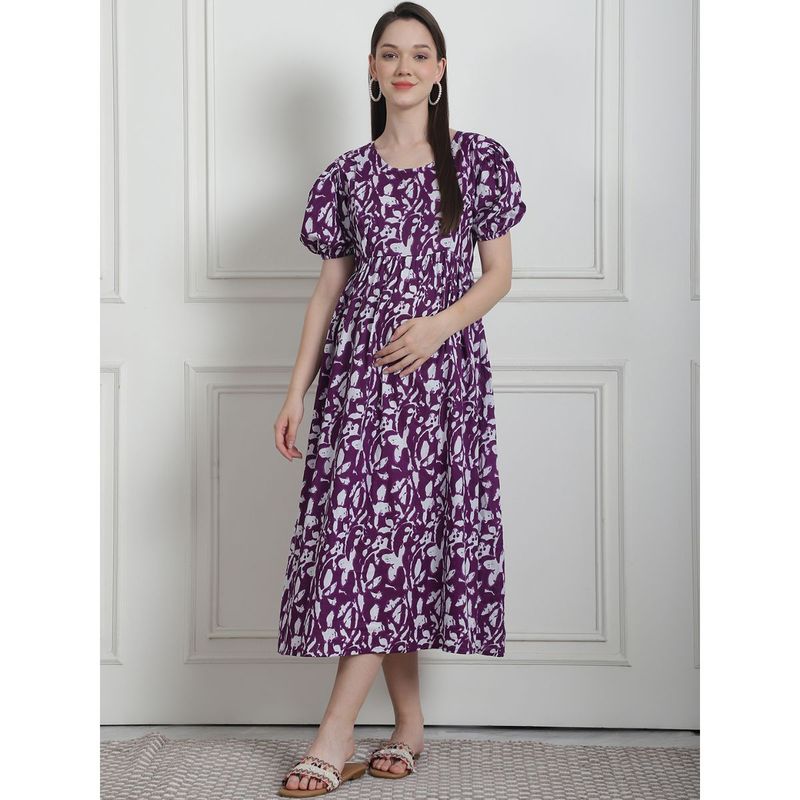 Secret Wish Floral Print Purple Cotton Maternity Nightdress (M)