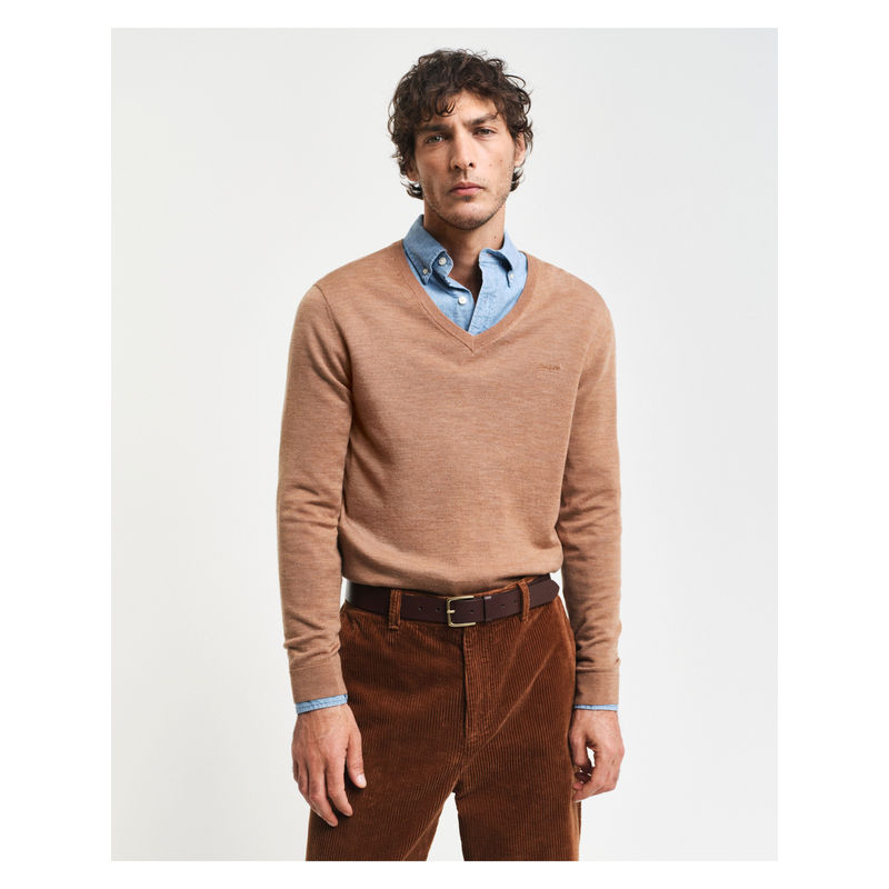GANT Men Beige Solid V-Neck Full Sleeves Sweater (L)