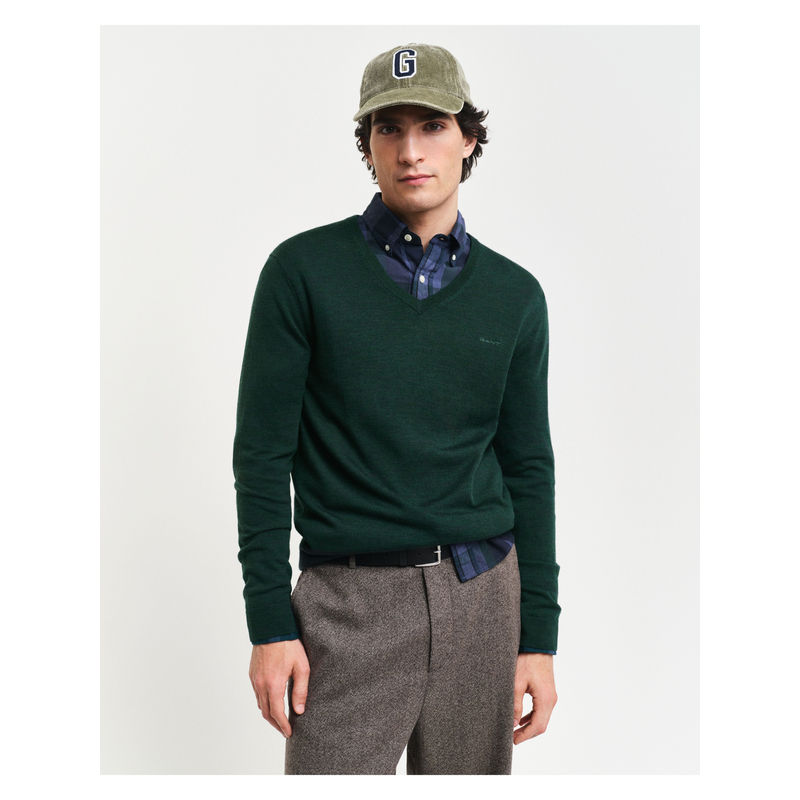 GANT Men Green Solid V-Neck Full Sleeves Sweater (S)