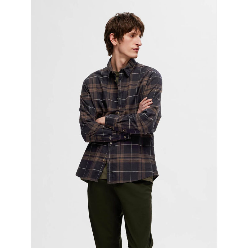 Selected Navy Blue Flannel Check Casual Shirt (2XL)