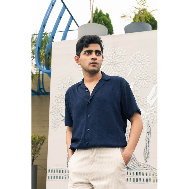 JAVINISHKA Navy Blue Linen Regular Fit Casual Shirt (2XL)