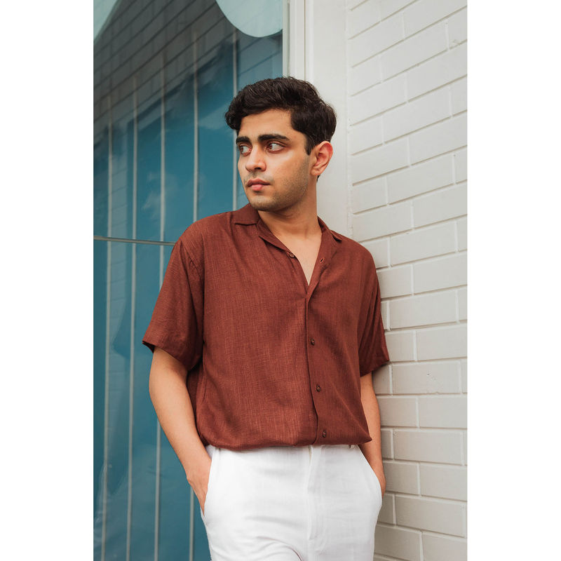 JAVINISHKA Chocolate Brown Linen Regular Fit Casual Shirt (XL)