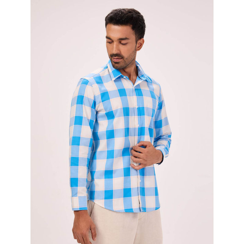 Bombay High Men's Comfort Fit Pure Cotton Blue Check Formal Shirt (S)