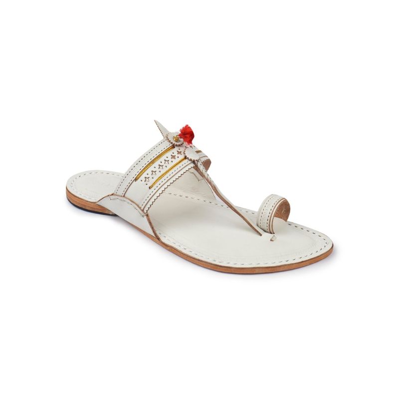 Korakari Men Authentic White Kolhapuri Chappal with Star Punching (UK 11)