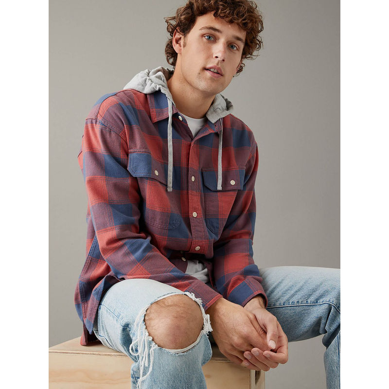 American Eagle Men Red Checks Full Sleeves Casual Shirt (L)