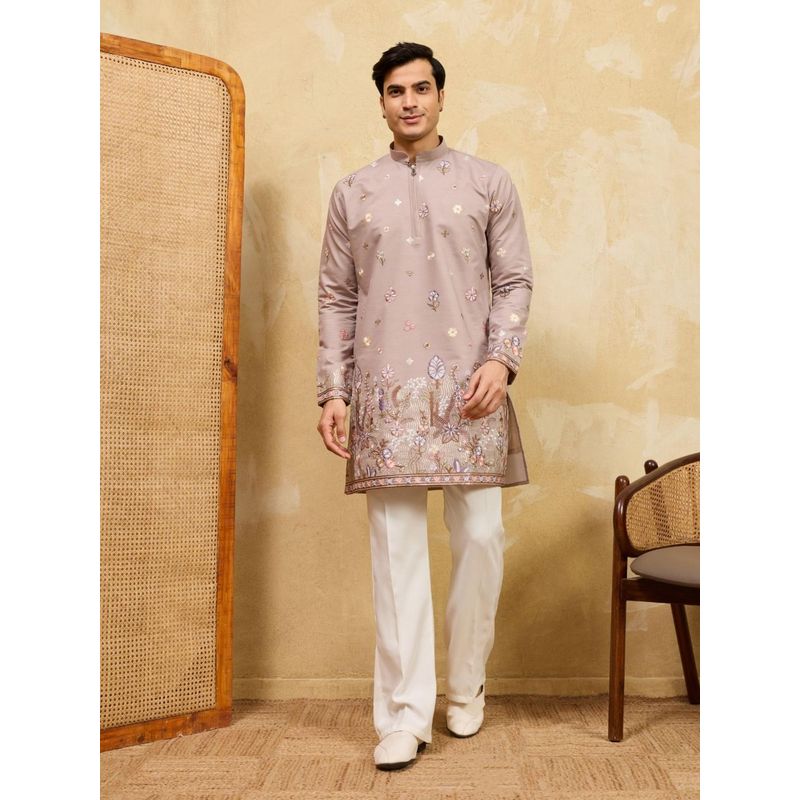 Odette Mauve Silk Blend Embroidered Stitched Kurta with Trousers for Men (S)