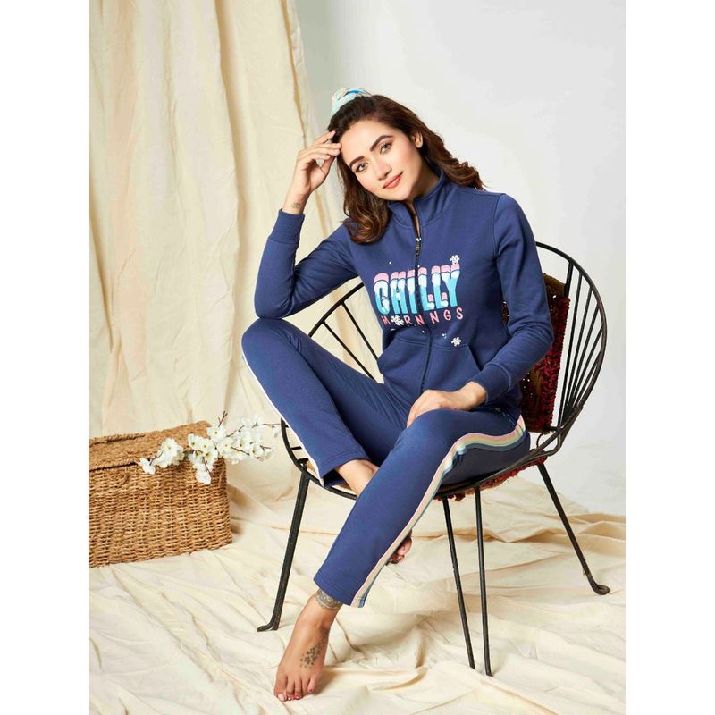 July Nightwear Winter Collection For Women Blue Fleece Track Suit with Zipper (M)