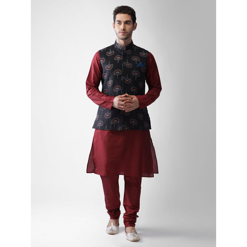 KISAH Men Maroon Kurta Jacket (Set Of 3) (L)