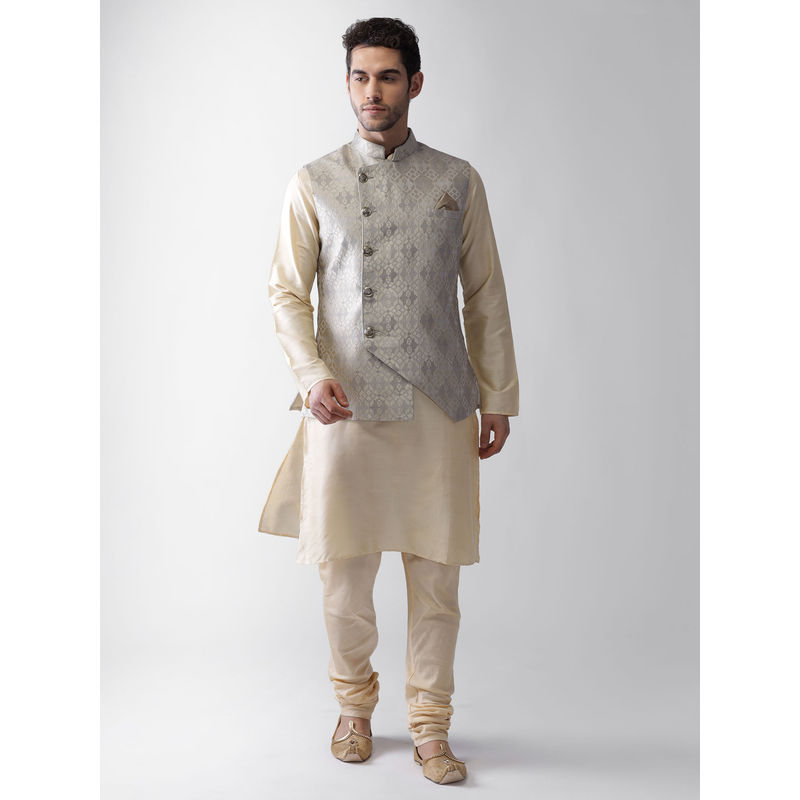 KISAH Men Grey Kurta Jacket (Set Of 3) (S) (S)