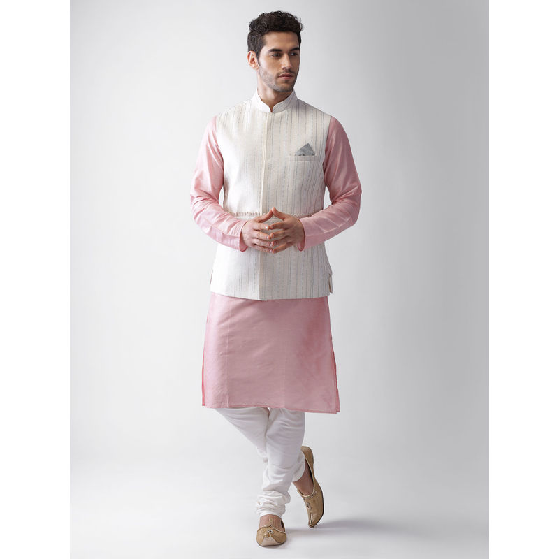 KISAH Men White Printed Cotton Blend Kurta Jacket Churidar Set (M)
