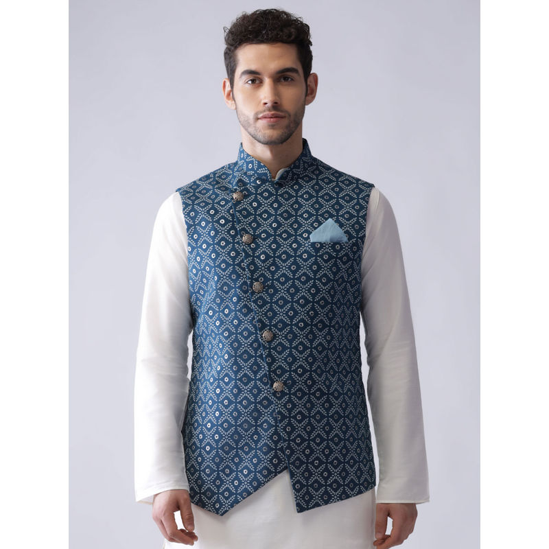 KISAH Men Blue Asymmetrical, Printed Silk Blend Nehru Jacket with Zari Design (M)
