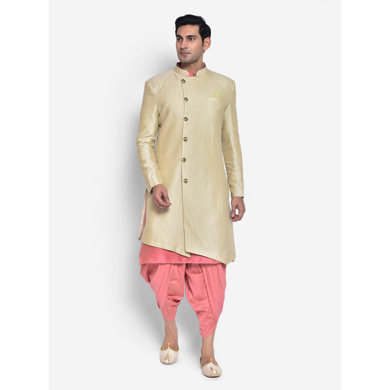 KISAH Men Beige Kurta Sherwani (Set of 3) (S)