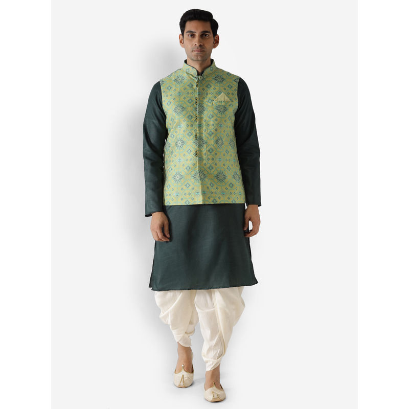 KISAH Men Green Kurta Jacket (Set of 3) (S)