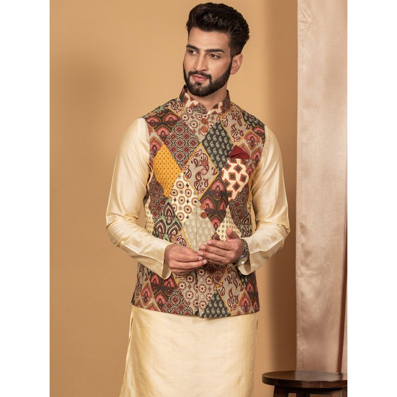 KISAH Men Multi Coloured Printed Cotton Blend Nehru Jacket with Zari Design (S)