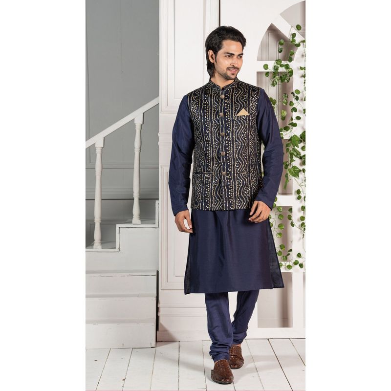 KISAH MEN Navy Blue KURTA JACKET SET (Set of 3) (M)