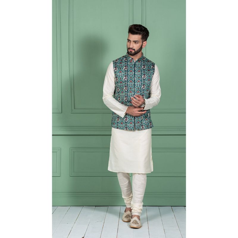 KISAH MEN Green KURTA JACKET SET (Set of 3) (S)