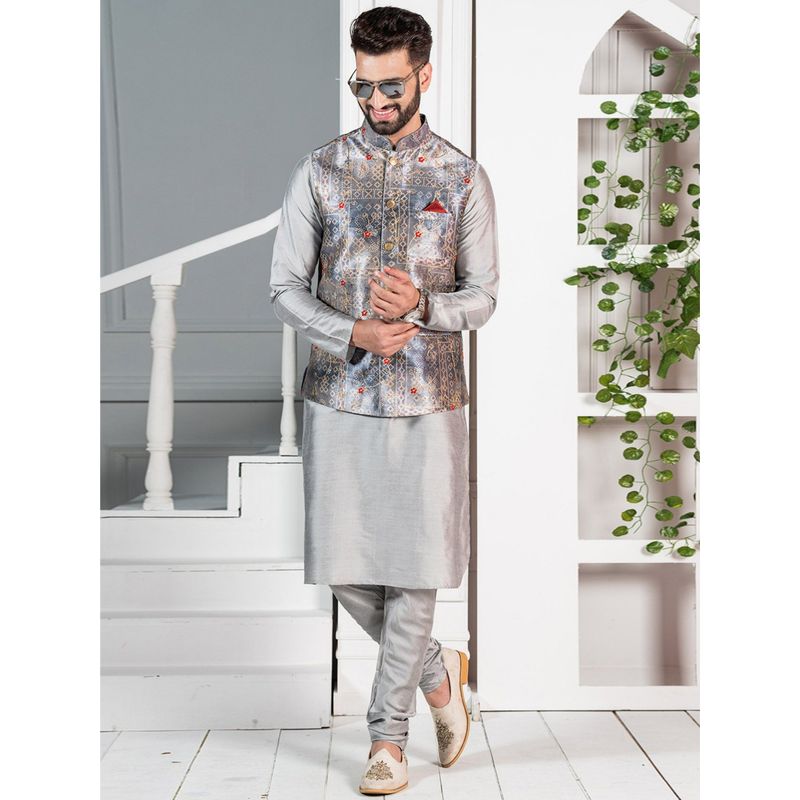 KISAH MEN Grey KURTA JACKET SET (Set of 3) (S)