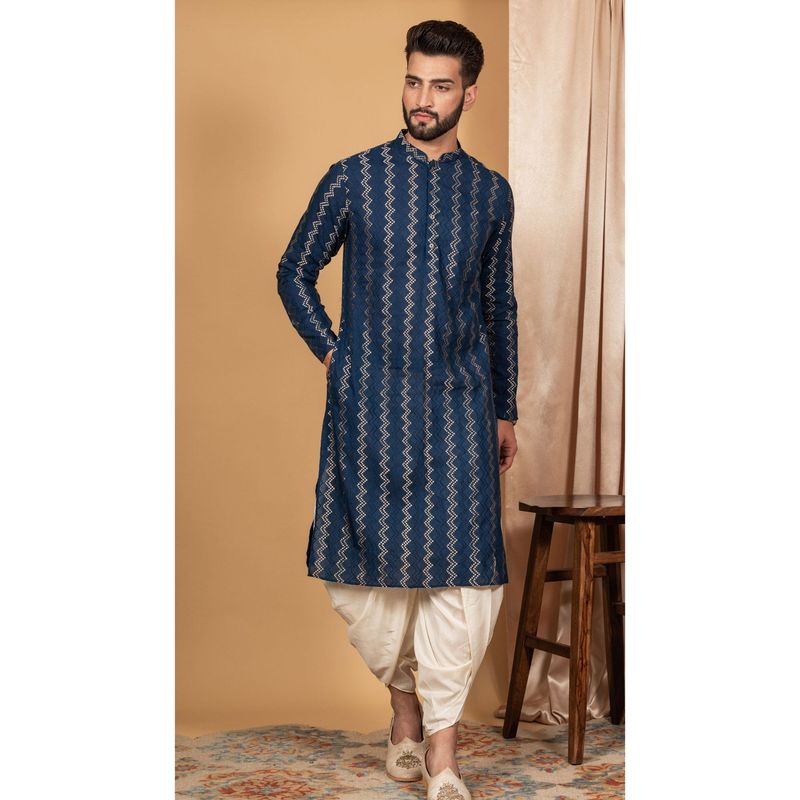 KISAH Men Navy Blue Textured Cotton Blend Kurta Dhoti Set with Thread Work (XL)