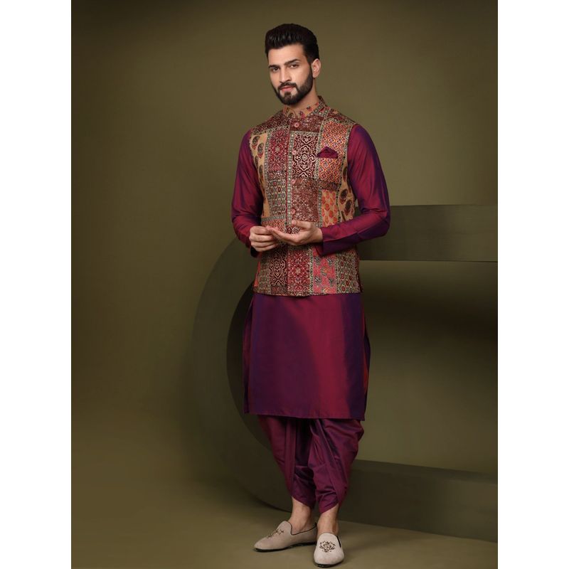 KISAH Men Maroon Printed Cotton Blend Kurta Jacket Dhoti Set with Abstract Print (XL)