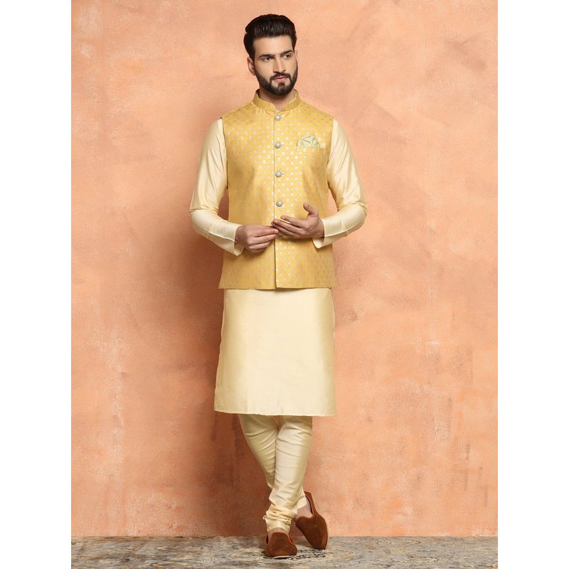KISAH Men Mustard Jacket Kurta (Set of 3) (L)