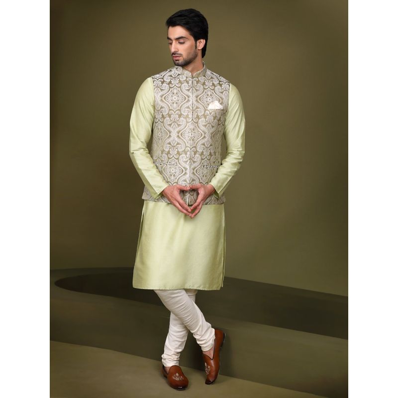 KISAH Men Olive Green Embroidery Silk Blend Kurta Jacket Churidar Set with Ethnic Motifs (S)
