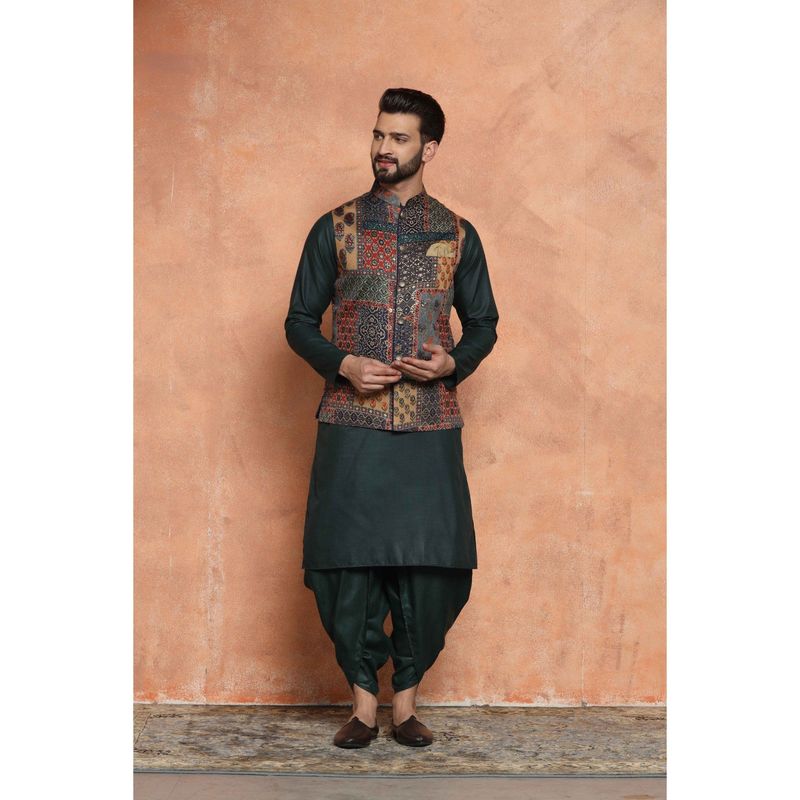 KISAH Men Multi Coloured Printed Cotton Blend Kurta Jacket Dhoti Set with Abstract Print (M)