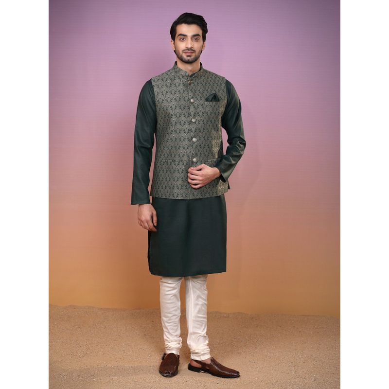 KISAH Men Green Jacket Kurta and Churidar (Set of 3) (XL)