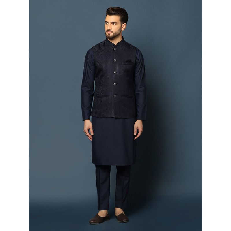 KISAH Mens Navy Blue Jacket Kurta Trouser (Set of 3) (M)