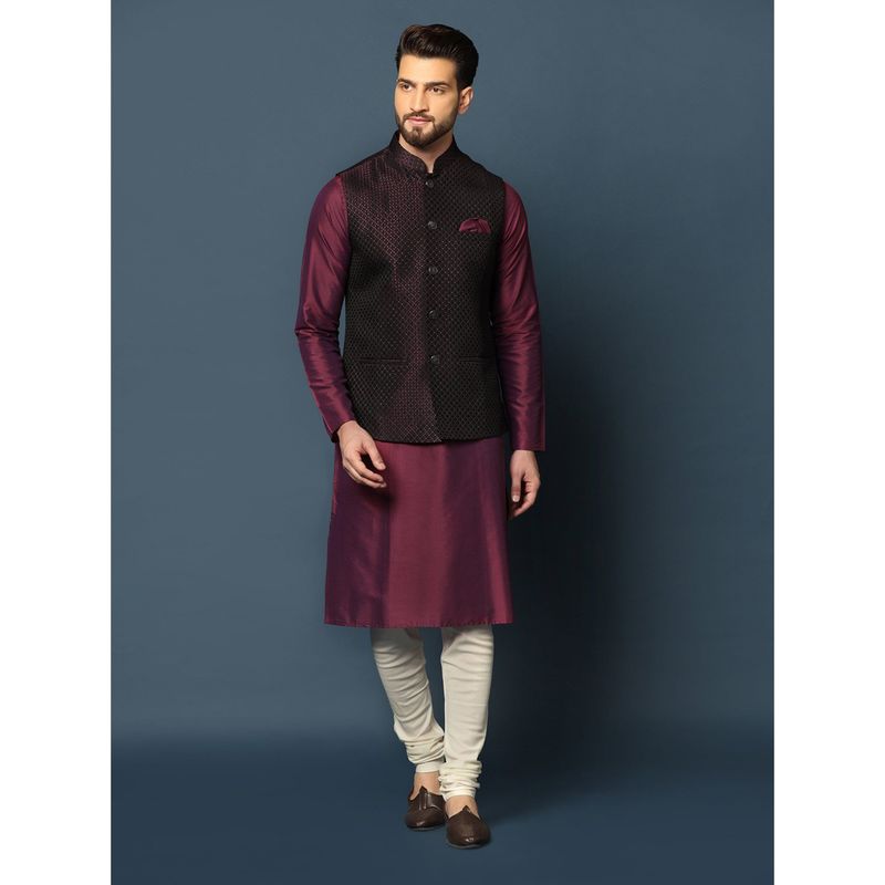 KISAH Men Navy Blue Textured Silk Blend Jacquard Kurta Jacket Churidar Set with Geometric Pattern (L)