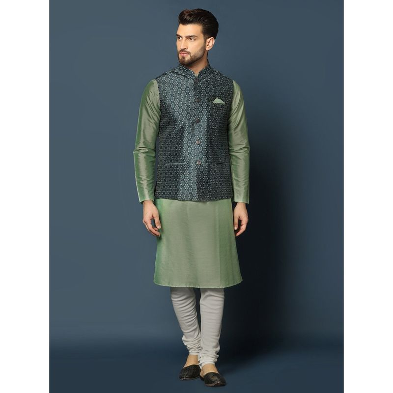 KISAH Mens Teal Jacket Kurta Churidar (Set of 3) (S)