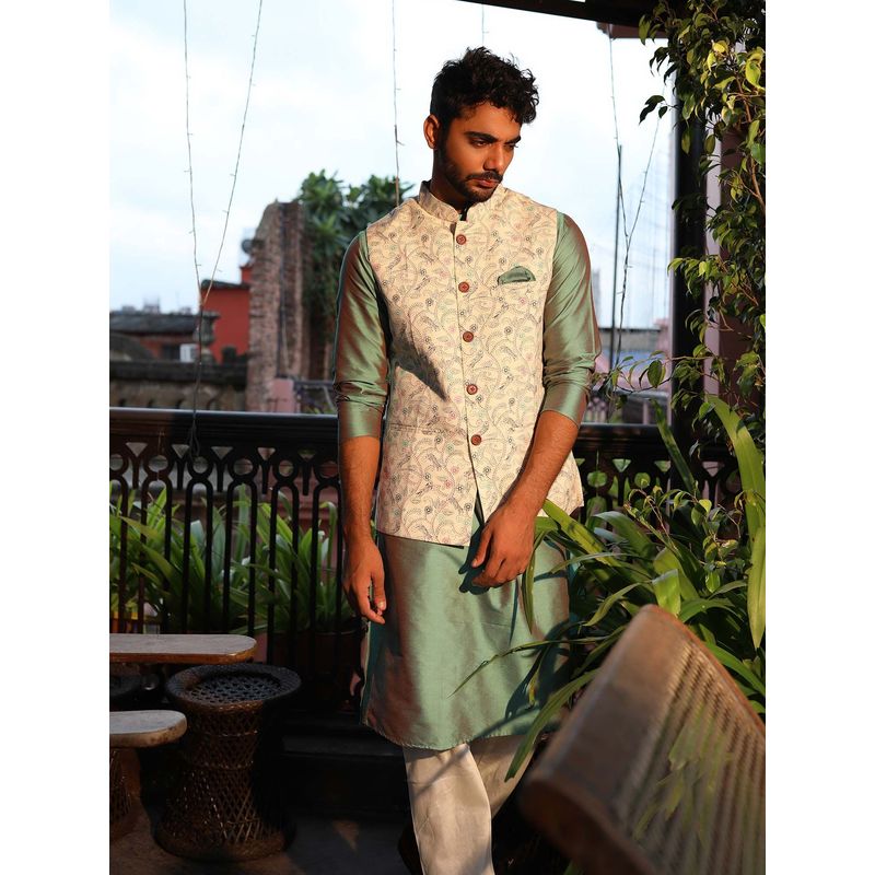 KISAH Men Multi Coloured Printed Cotton Blend Kurta Jacket Churidar Set With Kantha Print (S)