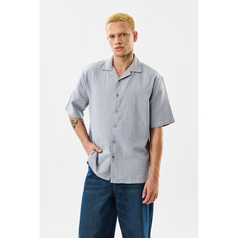 Snitch Light Grey Textured Half Sleeves Boxy Casual Shirt for Men (XS)