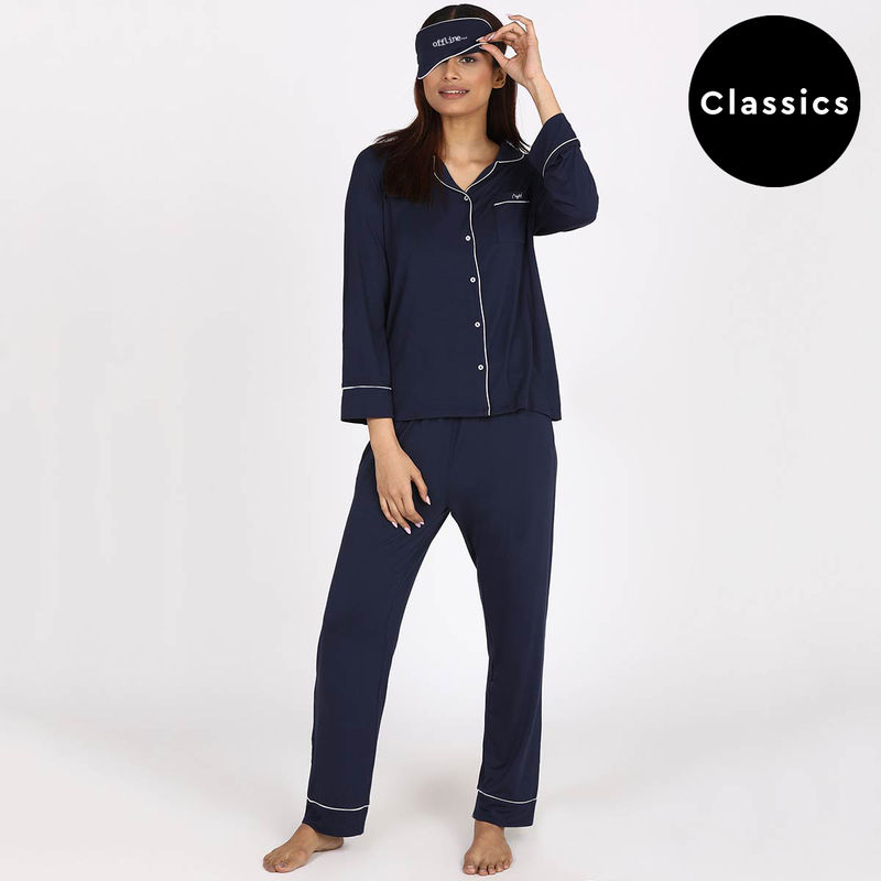 Nykd by Nykaa Modal Button Down Pajama Set 2 - Blue NYS001 (L)