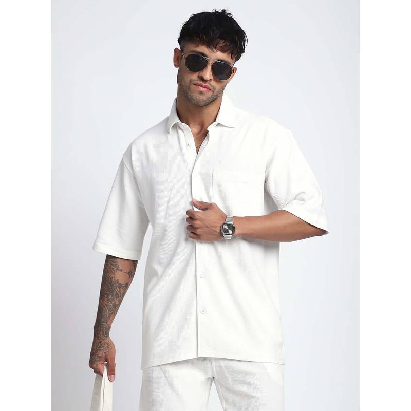 R&B Men Ivory Cotton Textured Shirt (S)