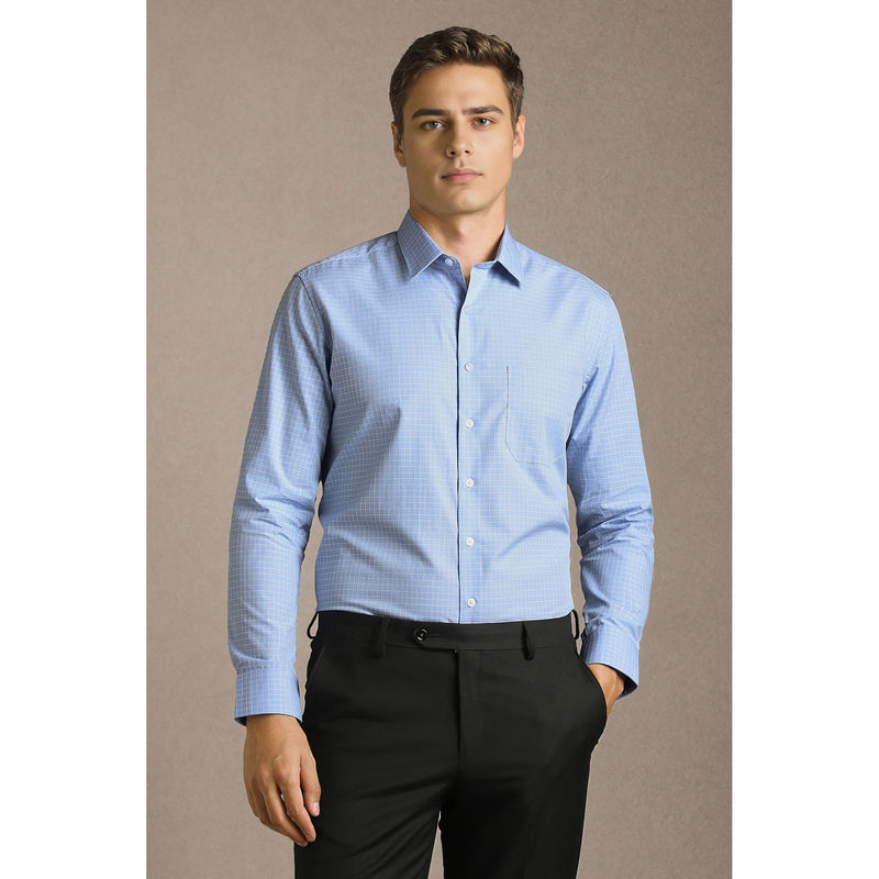 Louis Philippe Mens Blue Checks Easy to Iron Cotton Slim fit Formal Shirt (40)