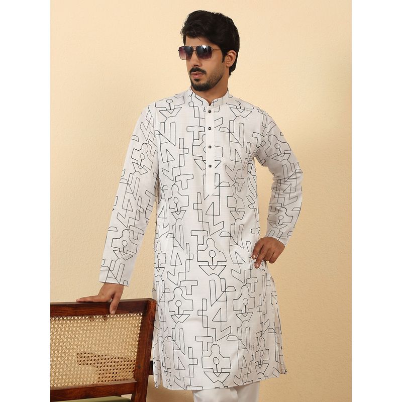 Kraft India Men White Cotton Abstract Thread Work Embroidered Kurta (36)