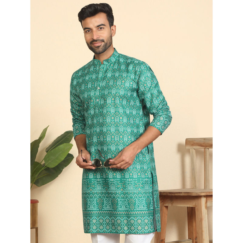 Kraft India Men Cotton Blend Ethnic Motifs Printed Teal Kurta (42)