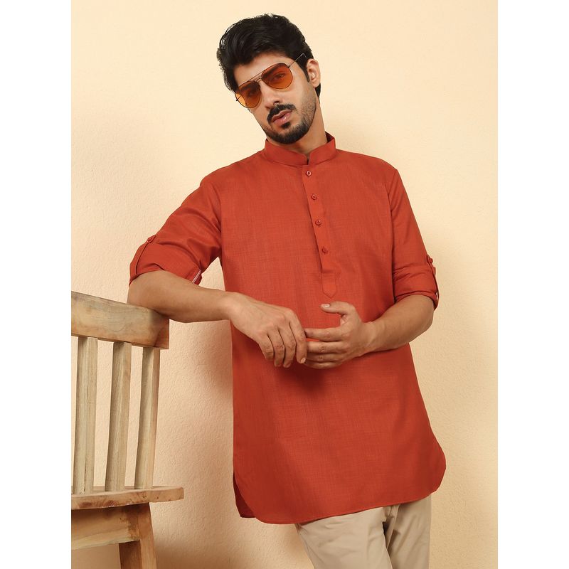 Kraft India Men Cotton Blend Solid Orange Short Kurta (36)