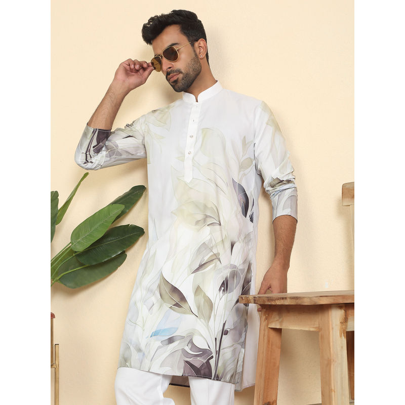 Kraft India Men Leaf Printed Cotton Blend Straight White Kurta (36)