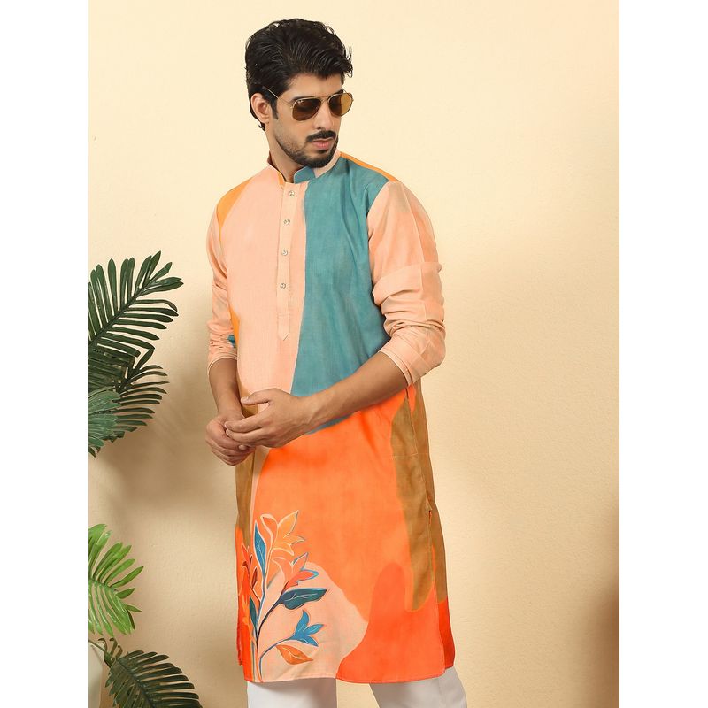 Kraft India Men Floral Printed Mandarin Collar Long Sleeve Straight Beige Kurta (36)