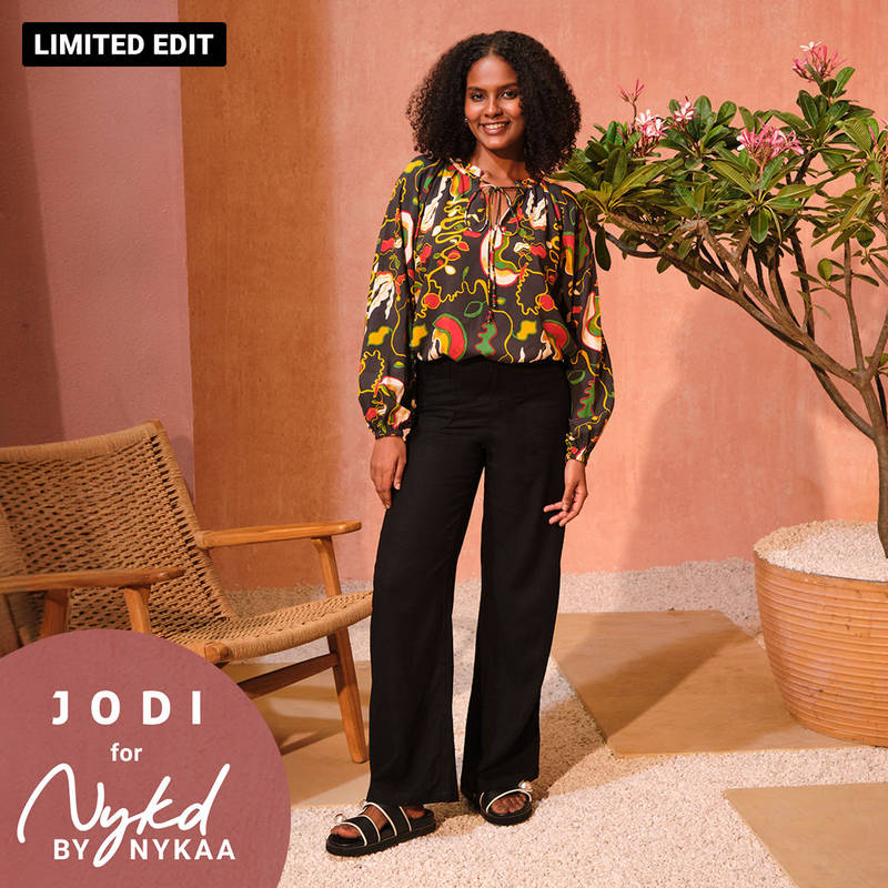 Jodi X Nykd Modal Bubble Sleeve Long Top with Beaded Tassels-NYJ11-Black Plantain Marble Print (S)