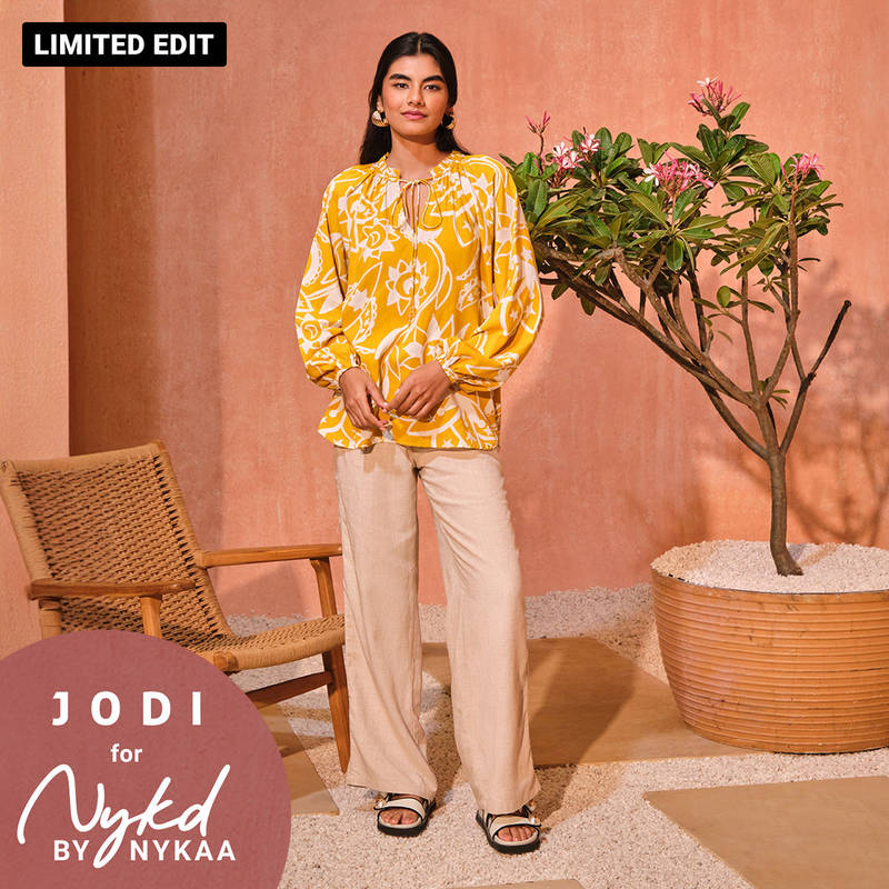 Jodi X Nykd Modal Bubble Sleeve Long Top with Beaded Tassels - NYJ11 - Mustard Sun & Moon Print (M)